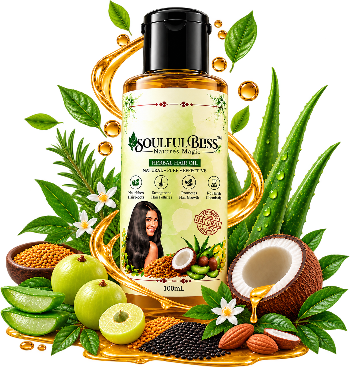 Soulful Bliss Herbal Hair Oil 100 mL bottle with amla, coconut, aloe and botanical ingredients