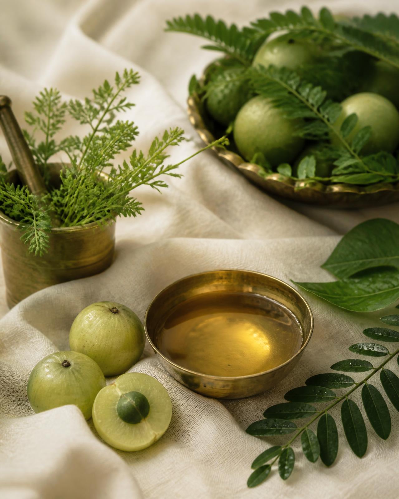 Herbal leaves, amla and golden oil arranged on ivory linen